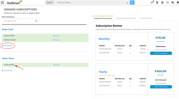 how do I add a module to my subscription - the subscriptions page showing how to add a module under your account so that you can subscribe to OutSmart EMR